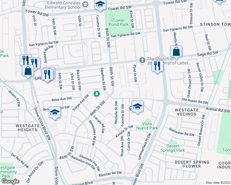 map of restaurants, bars, coffee shops, grocery stores, and more near 8508 Sapphire Street Southwest in Albuquerque