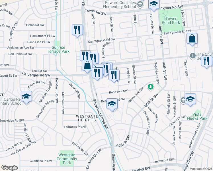 map of restaurants, bars, coffee shops, grocery stores, and more near 9601 Reba Avenue Southwest in Albuquerque