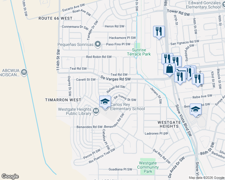 map of restaurants, bars, coffee shops, grocery stores, and more near 10322 Cornelia Court Southwest in Albuquerque