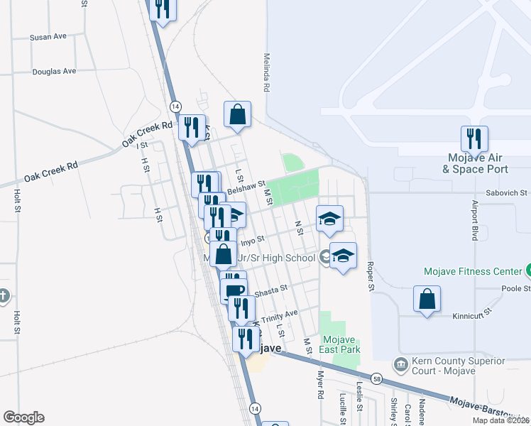map of restaurants, bars, coffee shops, grocery stores, and more near 15923 M Street in Mojave
