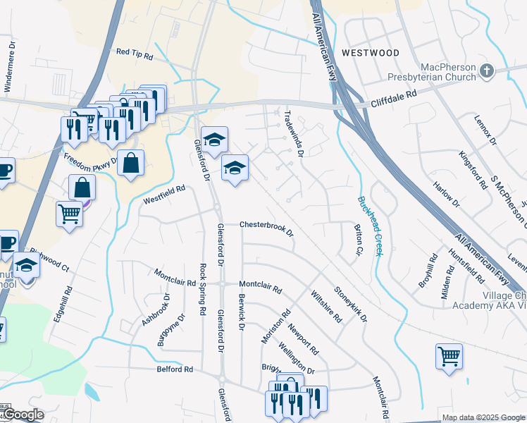 map of restaurants, bars, coffee shops, grocery stores, and more near 504 Fenmark Place in Fayetteville