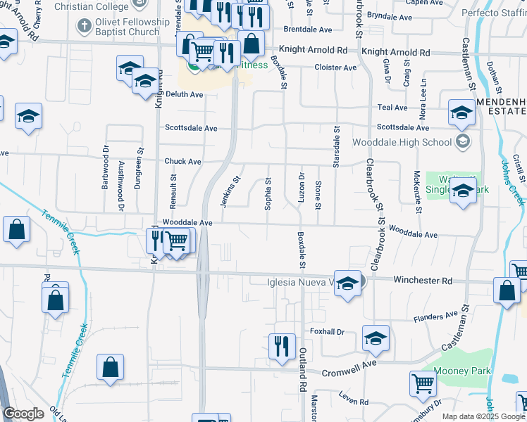 map of restaurants, bars, coffee shops, grocery stores, and more near 3463 Sophia Street in Memphis