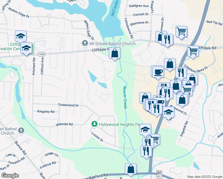 map of restaurants, bars, coffee shops, grocery stores, and more near 641 Brandermill Road in Fayetteville