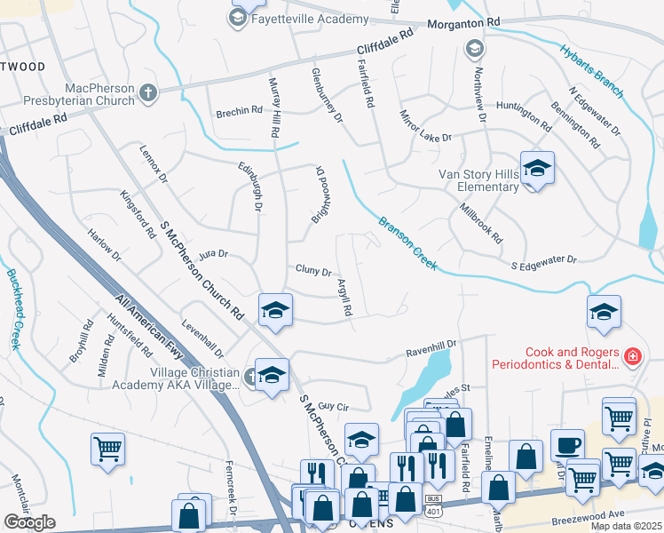 map of restaurants, bars, coffee shops, grocery stores, and more near 3205-3209 Cluny Drive in Fayetteville