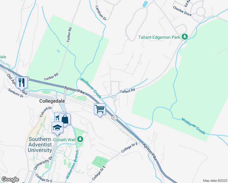 map of restaurants, bars, coffee shops, grocery stores, and more near 5234 Asher Lane in Collegedale