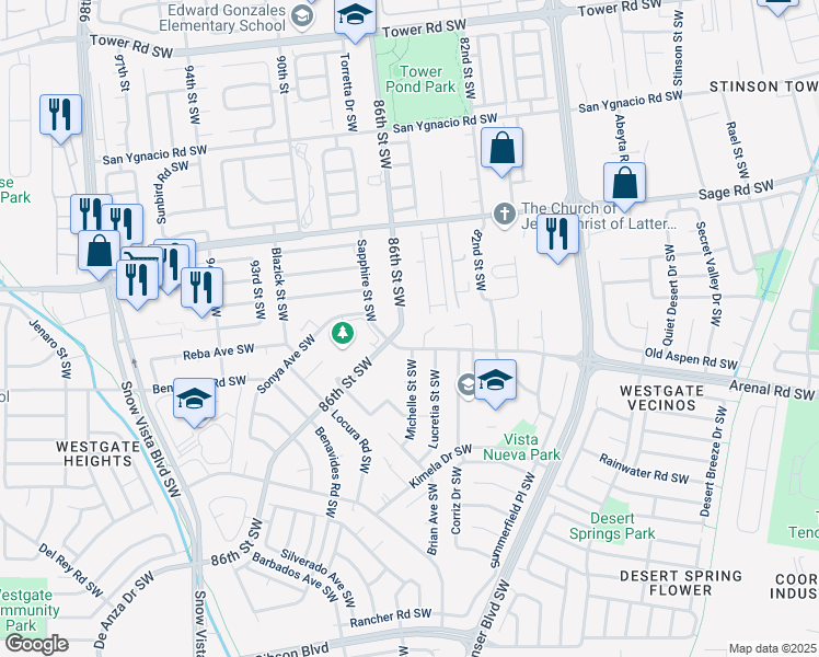 map of restaurants, bars, coffee shops, grocery stores, and more near 8508 Sapphire Street Southwest in Albuquerque