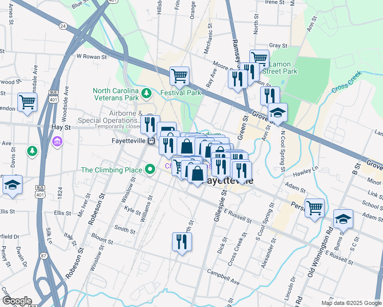 map of restaurants, bars, coffee shops, grocery stores, and more near 320 Hay Street in Fayetteville
