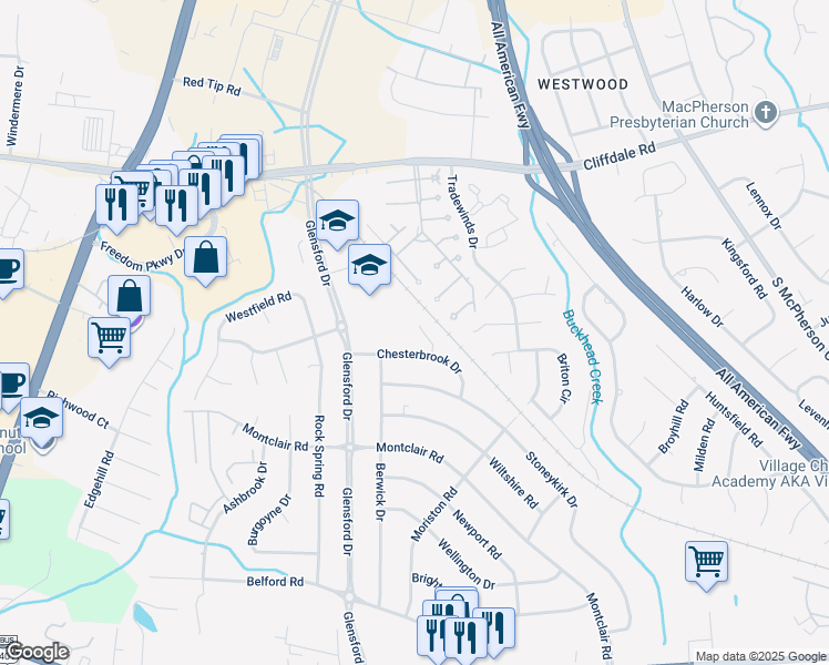 map of restaurants, bars, coffee shops, grocery stores, and more near 504 Fenmark Place in Fayetteville