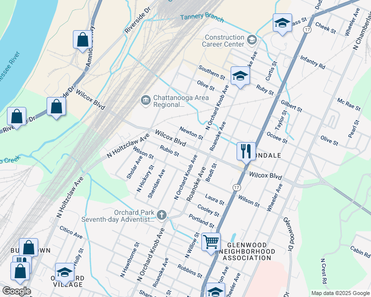 map of restaurants, bars, coffee shops, grocery stores, and more near 1814 Rubio Street in Chattanooga