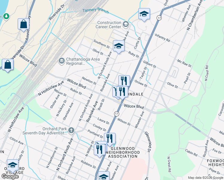 map of restaurants, bars, coffee shops, grocery stores, and more near 2285 Wilcox Boulevard in Chattanooga