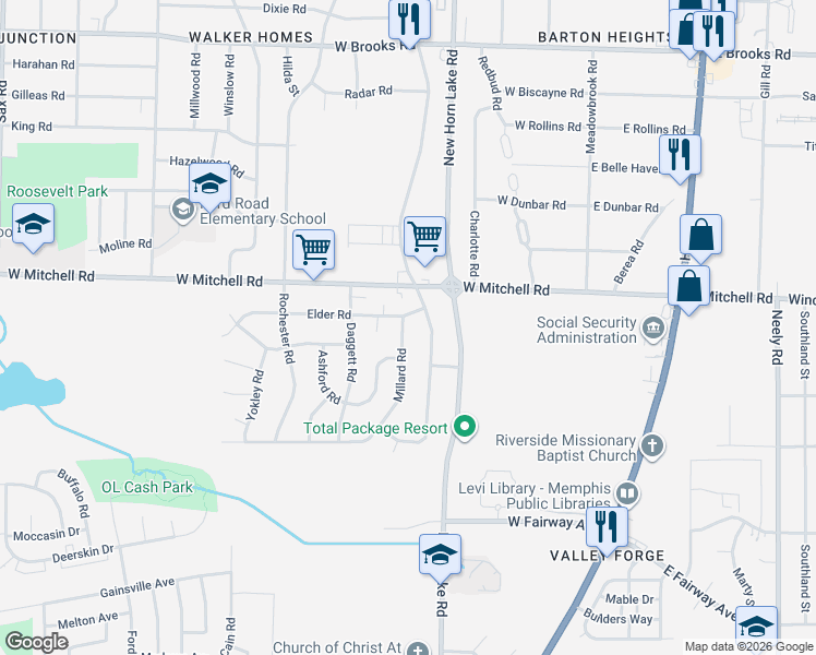 map of restaurants, bars, coffee shops, grocery stores, and more near 3492 Millard Road in Memphis
