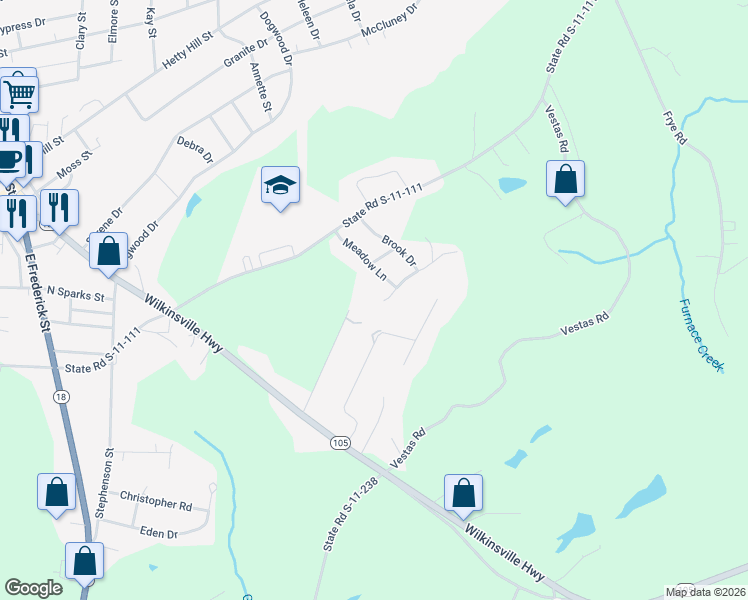 map of restaurants, bars, coffee shops, grocery stores, and more near 200 Meadow Lane in Gaffney