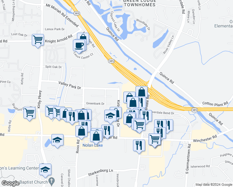 map of restaurants, bars, coffee shops, grocery stores, and more near 3459 Kirby Terrace Drive in Memphis