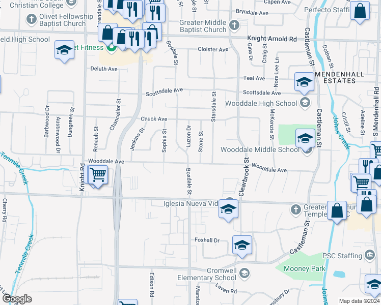 map of restaurants, bars, coffee shops, grocery stores, and more near 3433 Stone Street in Memphis