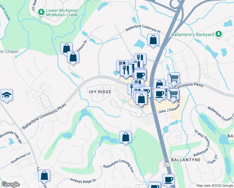 map of restaurants, bars, coffee shops, grocery stores, and more near Durant Boulevard in Charlotte