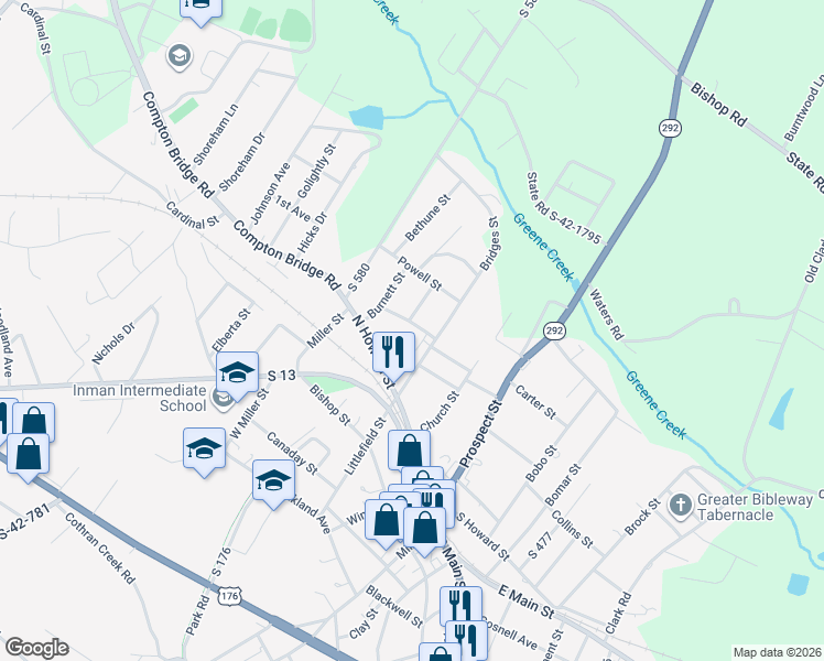 map of restaurants, bars, coffee shops, grocery stores, and more near 10 Littlejohn Street in Inman