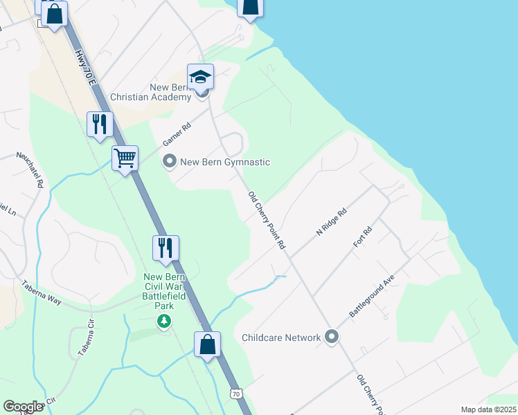 map of restaurants, bars, coffee shops, grocery stores, and more near State Road 1113 in New Bern