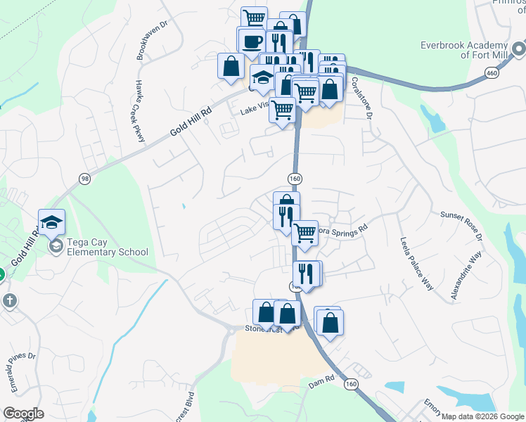 map of restaurants, bars, coffee shops, grocery stores, and more near 2004 Henslow Trail in Tega Cay