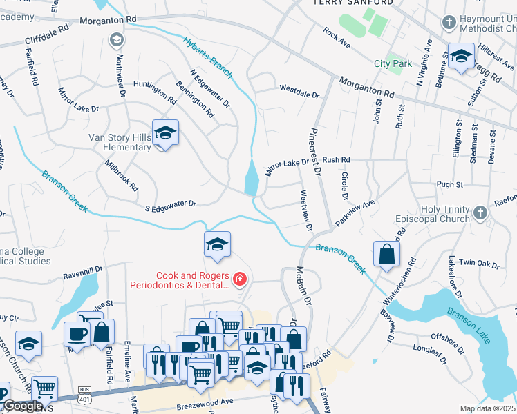 map of restaurants, bars, coffee shops, grocery stores, and more near 2243 Meadow Wood Road in Fayetteville