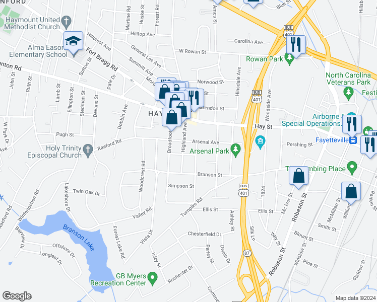 map of restaurants, bars, coffee shops, grocery stores, and more near 1018-1198 Arsenal Avenue in Fayetteville