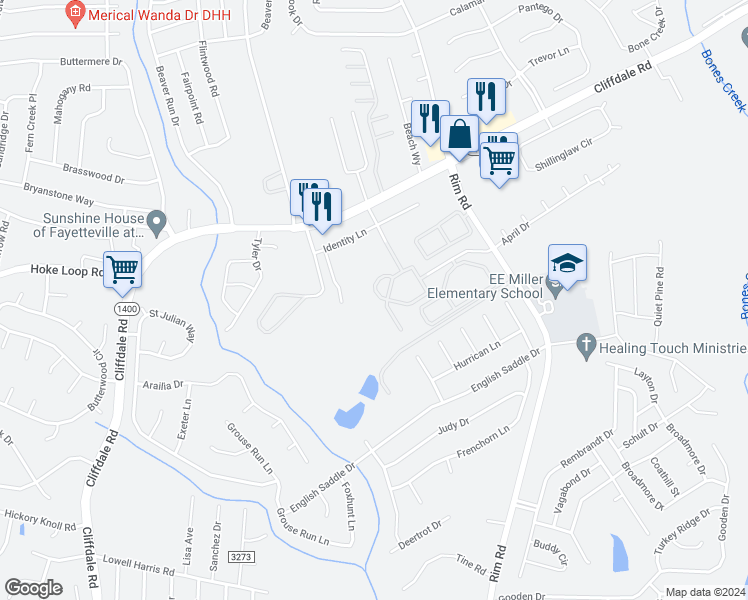 map of restaurants, bars, coffee shops, grocery stores, and more near 5120 ParcStone Lane in Fayetteville