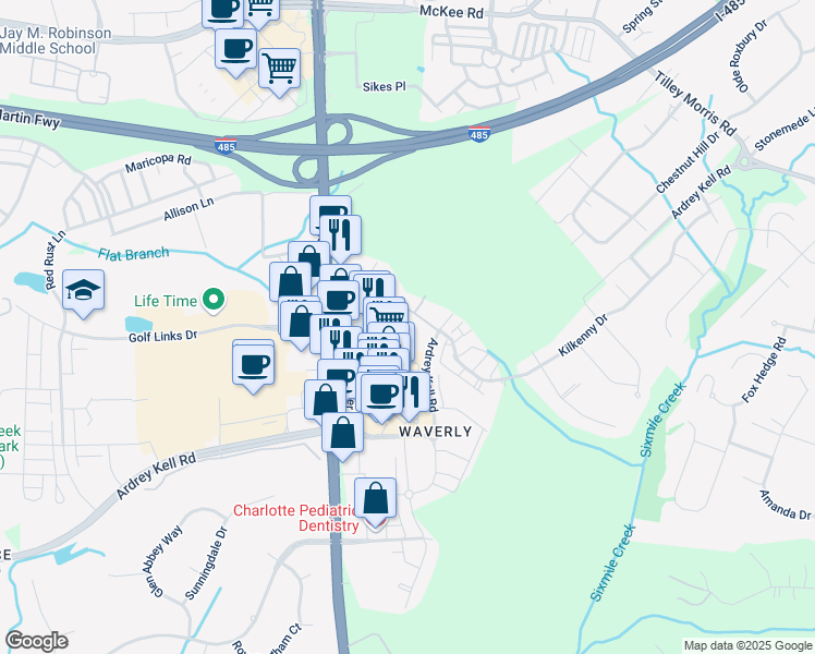 map of restaurants, bars, coffee shops, grocery stores, and more near 6525 Providence Farm Lane in Charlotte