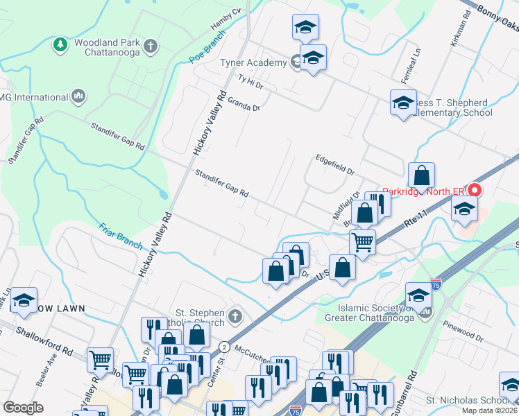 map of restaurants, bars, coffee shops, grocery stores, and more near 6853 Standifer Gap Road in Chattanooga