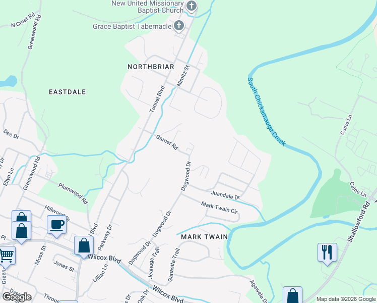 map of restaurants, bars, coffee shops, grocery stores, and more near 3637 Garner Road in Chattanooga