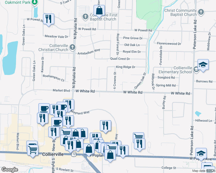 map of restaurants, bars, coffee shops, grocery stores, and more near 567 6 Crowns Street in Collierville