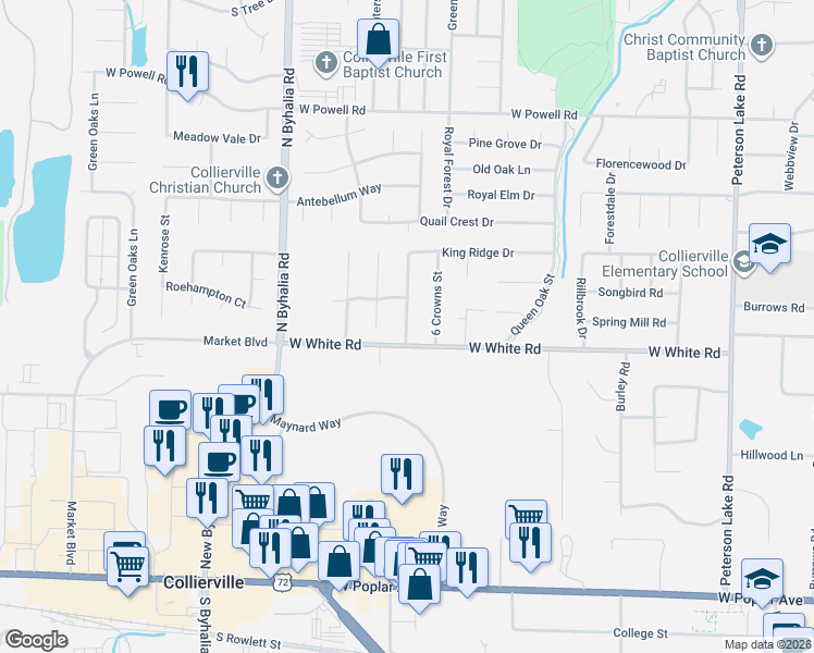 map of restaurants, bars, coffee shops, grocery stores, and more near 567 6 Crowns Street in Collierville