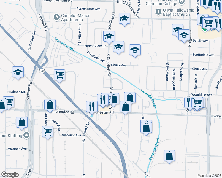 map of restaurants, bars, coffee shops, grocery stores, and more near 3403 Windy Hollow Circle in Memphis