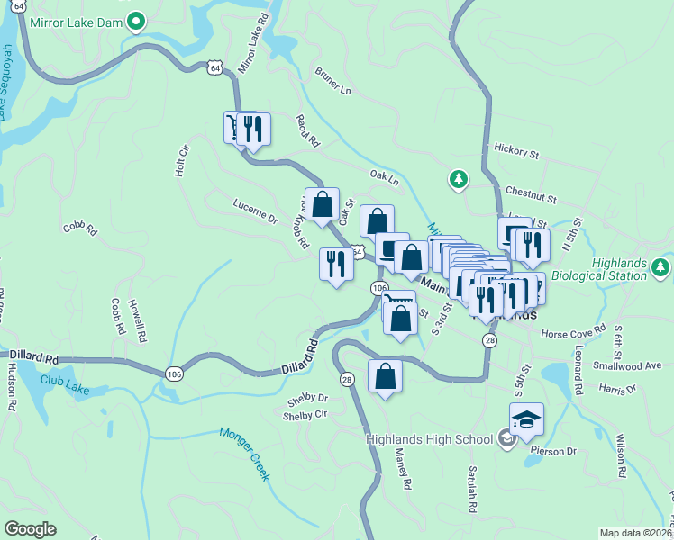 map of restaurants, bars, coffee shops, grocery stores, and more near 214 Franklin Rd in Highlands