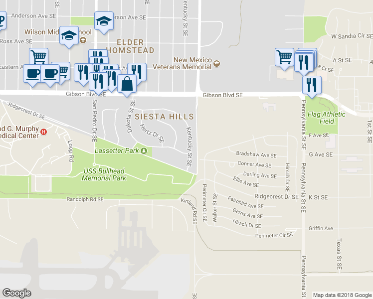 map of restaurants, bars, coffee shops, grocery stores, and more near 6421 Lovelace Road Southeast in Albuquerque