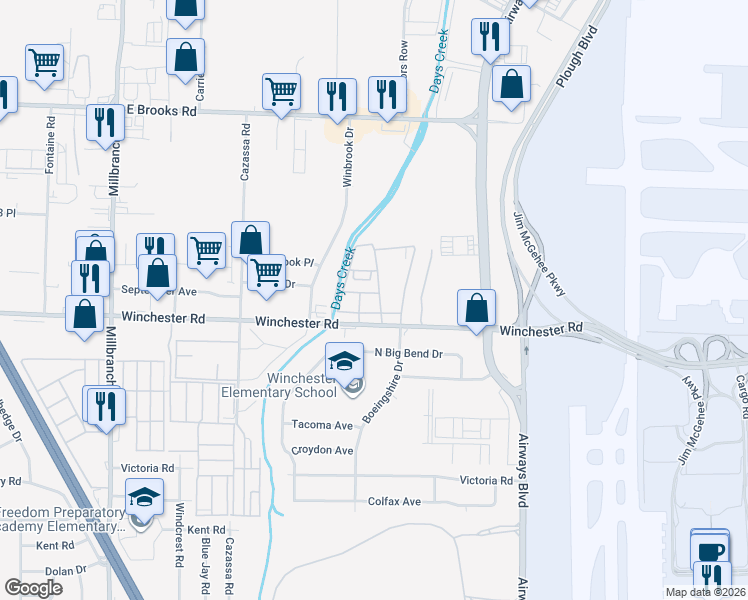 map of restaurants, bars, coffee shops, grocery stores, and more near 2046 Winchester Road in Memphis