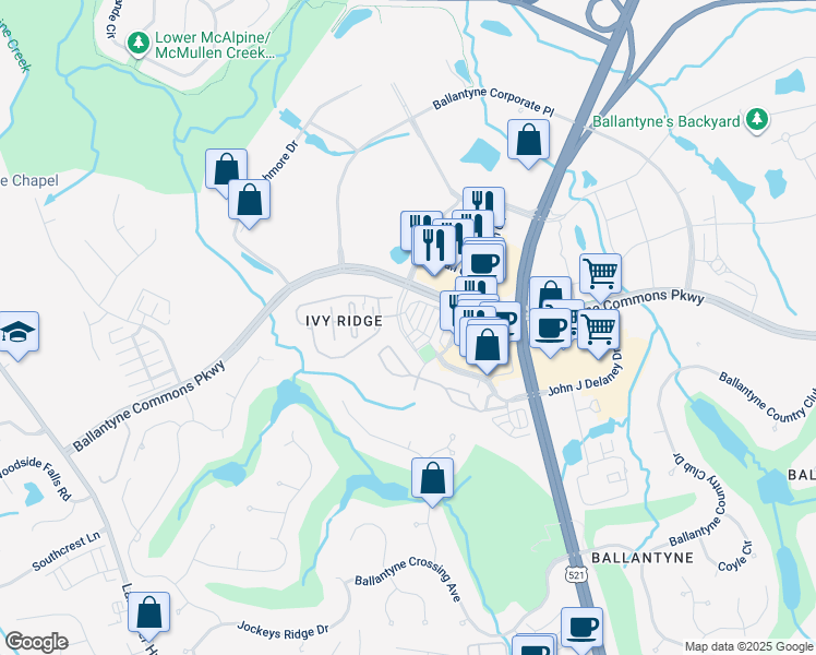 map of restaurants, bars, coffee shops, grocery stores, and more near 14555 Durant Boulevard in Charlotte