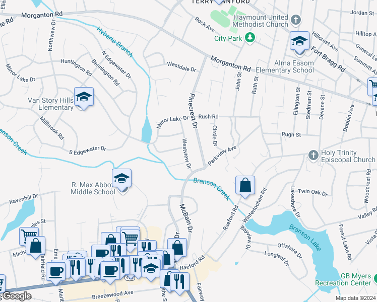 map of restaurants, bars, coffee shops, grocery stores, and more near 331 Westview Drive in Fayetteville