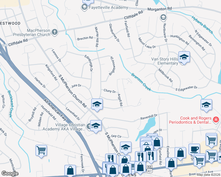 map of restaurants, bars, coffee shops, grocery stores, and more near 3210 Cluny Drive in Fayetteville