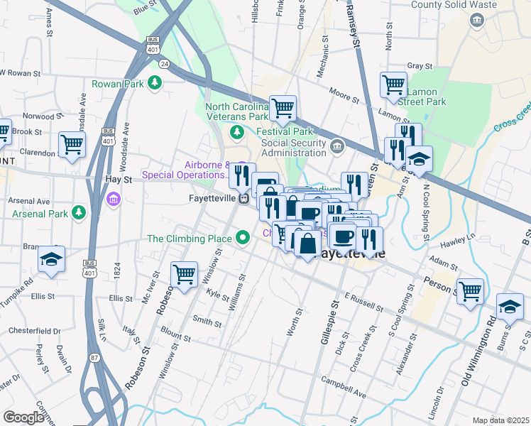 map of restaurants, bars, coffee shops, grocery stores, and more near 443 Hay Street in Fayetteville