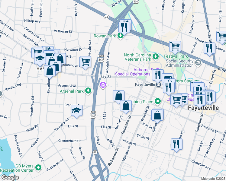 map of restaurants, bars, coffee shops, grocery stores, and more near 206 Fountainhead Lane in Fayetteville