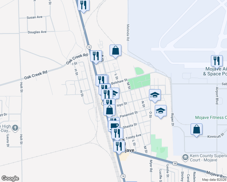 map of restaurants, bars, coffee shops, grocery stores, and more near 16026 K Street in Mojave