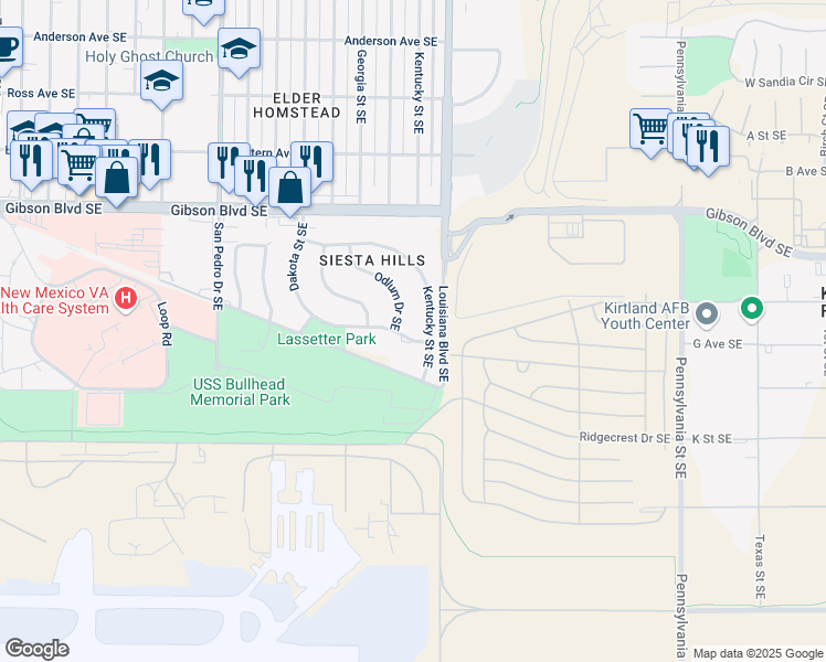 map of restaurants, bars, coffee shops, grocery stores, and more near 1424 Odlum Drive Southeast in Albuquerque