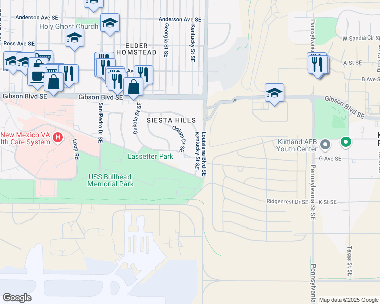 map of restaurants, bars, coffee shops, grocery stores, and more near 1424 Odlum Drive Southeast in Albuquerque