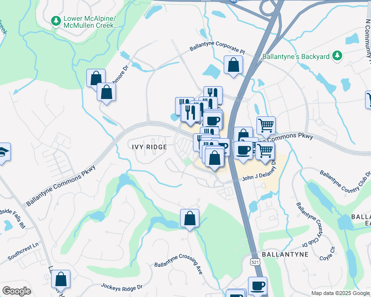 map of restaurants, bars, coffee shops, grocery stores, and more near 10529 Morablin Drive in Charlotte