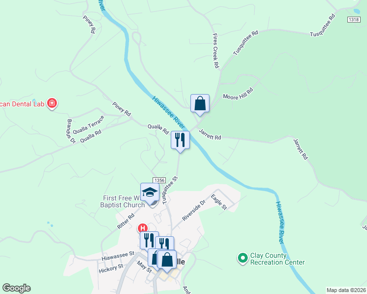 map of restaurants, bars, coffee shops, grocery stores, and more near 1 Qualla Road in Hayesville
