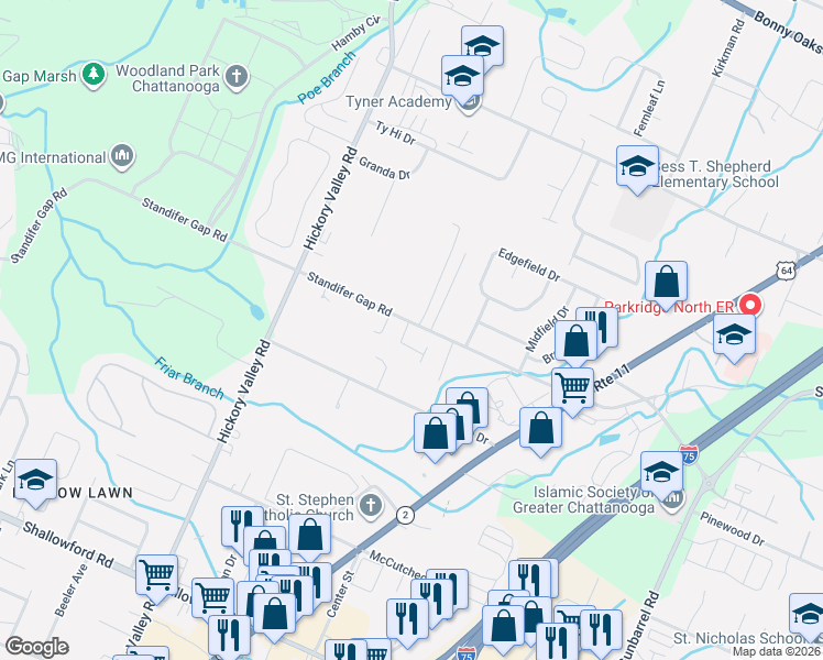 map of restaurants, bars, coffee shops, grocery stores, and more near 6853 Standifer Gap Road in Chattanooga
