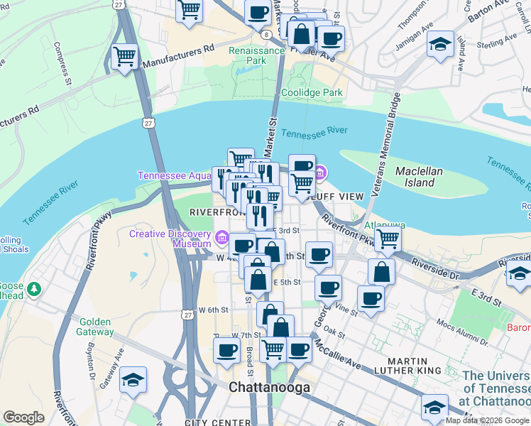 map of restaurants, bars, coffee shops, grocery stores, and more near 211 Market Street in Chattanooga