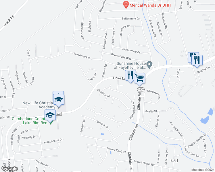 map of restaurants, bars, coffee shops, grocery stores, and more near 1125 Butterwood Circle in Fayetteville