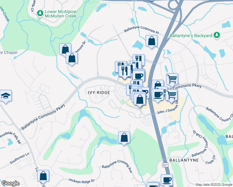 map of restaurants, bars, coffee shops, grocery stores, and more near Durant Boulevard in Charlotte