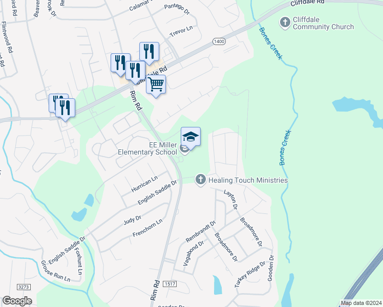 map of restaurants, bars, coffee shops, grocery stores, and more near 1361 Rim Road in Fayetteville