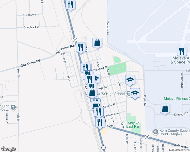 map of restaurants, bars, coffee shops, grocery stores, and more near 16026 K Street in Mojave